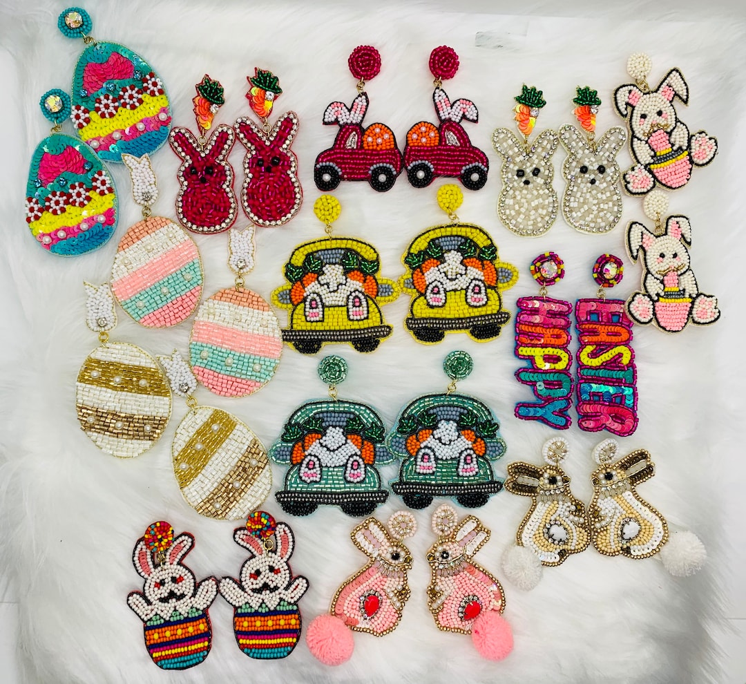 Beaded Easter Earrings, Beaded Easter Egg Earrings, Beaded Bunny