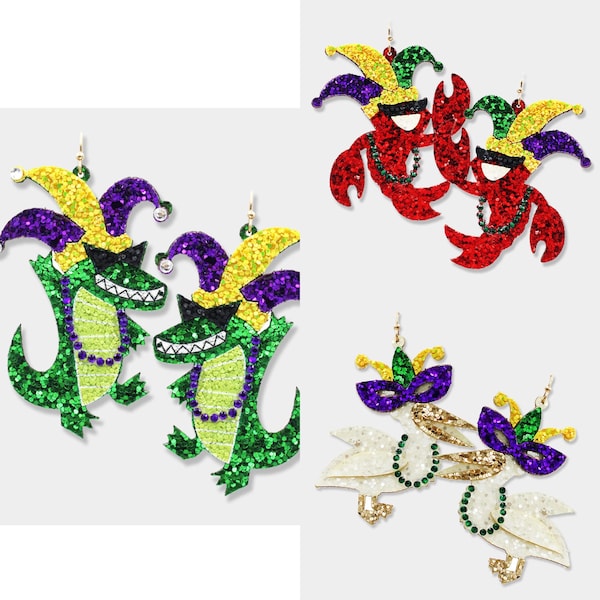 Mardi Gras Earrings, Glitter Mardi Gras Earrings, Alligator Earrings, Crawfish Earrings, Pelican Earrings, Mardi Gras Animal Earrings