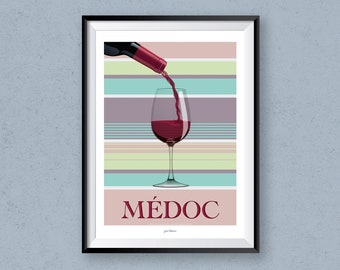 Affiche food MÉDOC, le vin rouge / Poster vintage / Art mural / Art print / Deco cuisine