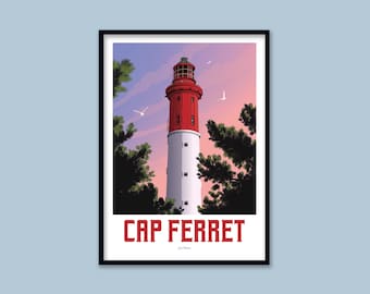 Poster Cap Ferret / Bucht von Arcachon / Vintage-Poster / Wandkunst / Kunstdruck / Deko / Leuchtturmlandschaft / Sonnenuntergang / Reiseposter