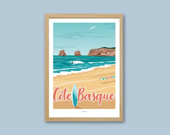 Affiche Côte Basque - Hendaye  / Pays Basque / Poster vintage / Art mural / Art Print / Deco / Paysage ocean / Surf / travel poster