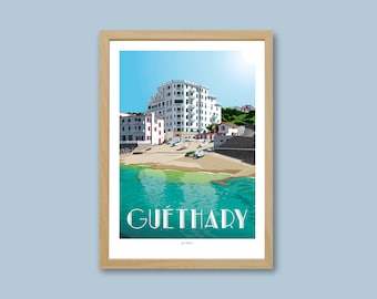 Affiche Guéthary / Pays Basque / Poster vintage / Art mural / Art Print / Deco / Sunset / Paysage marin port / travel poster