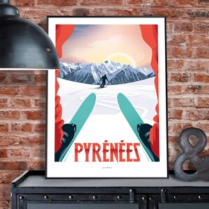 May include: A vintage-style poster with a red, white, and blue color scheme. The poster features a skier in the Pyrenees mountains with the text "PYR&Eacute;N&Eacute;ES" in red.