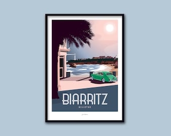 Affiche  Biarritz  / Pays Basque / Poster vintage / Art mural / Art print / Deco / Voiture ancienne / travel poster