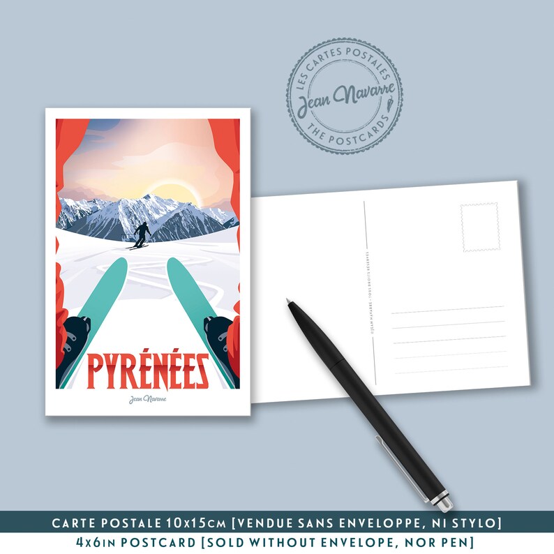May include: A postcard featuring a skier in the Pyrenees mountains. The postcard is red and white with a sunset in the background. The text "PYR&Eacute;N&Eacute;ES" is printed on the postcard. The postcard is 4x6 inches.