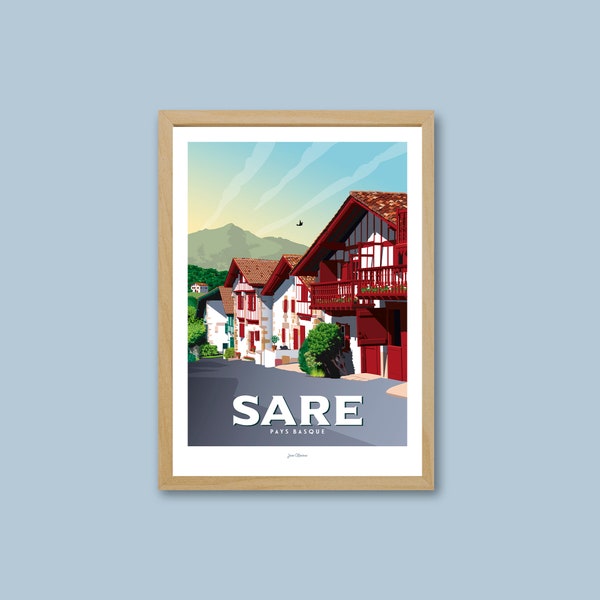Affiche Sare / Poster vintage / Art mural / Art Print / Deco / Sunset / Paysage montagne / Pays Basque / travel poster