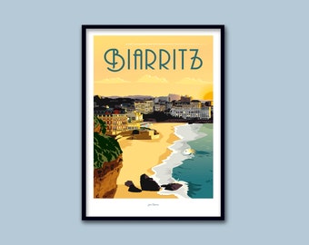 Biarritz poster / Vintage poster / Wall art / Art Print / Deco / Sunset / Ocean surf landscape / Basque Country / travel poster