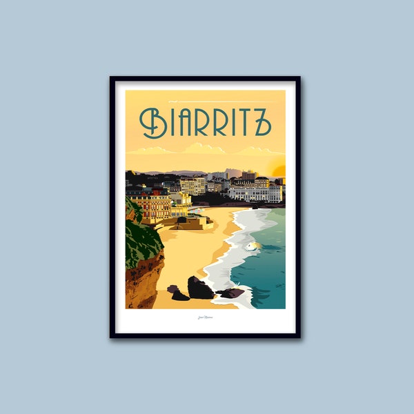 Affiche  Biarritz / Poster vintage / Art mural / Art Print / Deco / Sunset / Paysage ocean surf / Pays Basque / travel poster