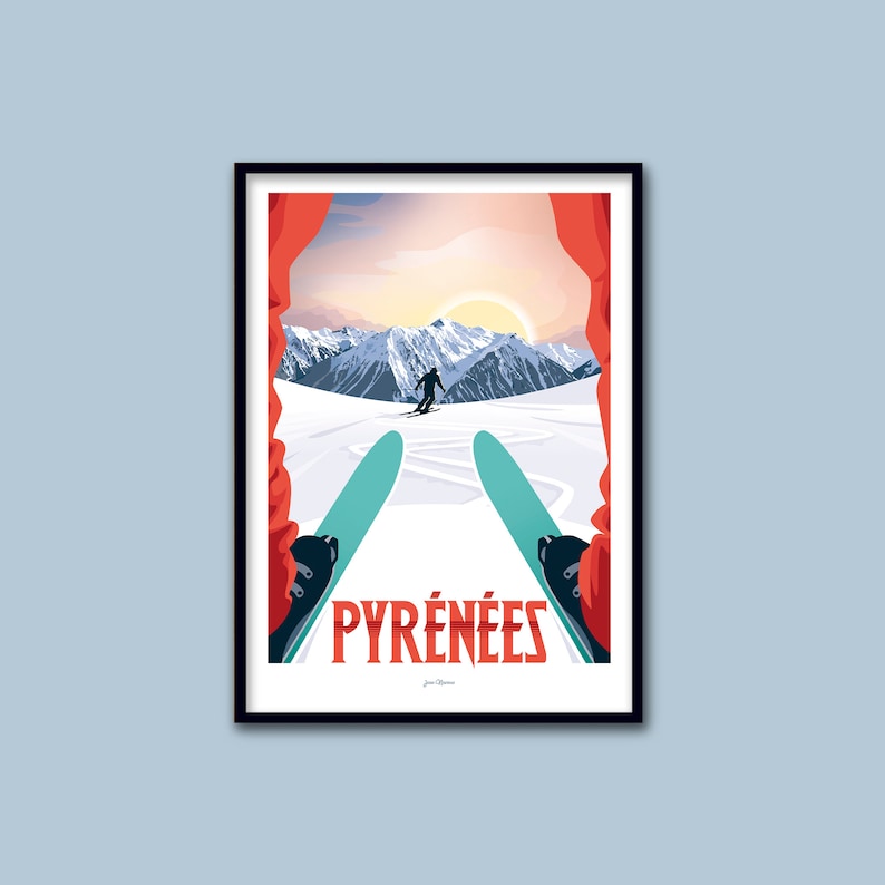 May include: A vintage-style poster with a skier in the Pyrenees mountains. The poster features a red and white color scheme and the text "PYR&Eacute;N&Eacute;ES".