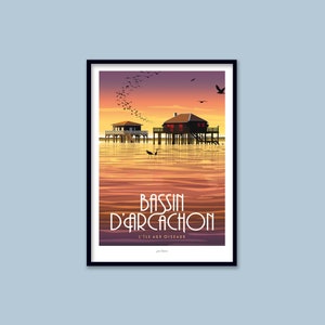 Affiche Bassin d'Arcachon / Poster vintage / Art mural / Art Print / Deco / Sunset / Paysage ocean oiseaux image 1