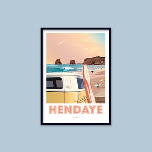 Hendaye poster / Vintage VW Combi surf poster / Wall art / Art Print / Deco / Sunset / Ocean landscape / Basque Country / travel poster
