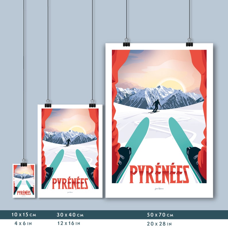 May include: A vintage travel poster design featuring a skier in the Pyrenees mountains. The poster has a red, white, and blue color scheme and features the text "PYR&Eacute;N&Eacute;ES".