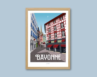 Affiche  Bayonne - Pays Basque / Poster vintage / Art mural / Art print / Paysage urbain / Deco / travel poster