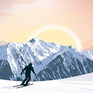 May include: Silhouette of a skier descending a snow-covered mountain range with a bright yellow sun rising in the background.
