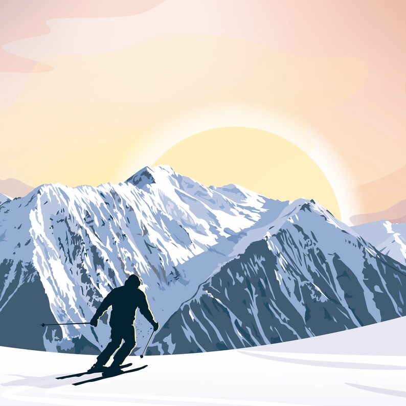 May include: Silhouette of a skier descending a snow-covered mountain range with a bright yellow sun rising in the background.