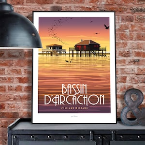 Affiche Bassin d'Arcachon / Poster vintage / Art mural / Art Print / Deco / Sunset / Paysage ocean oiseaux image 3