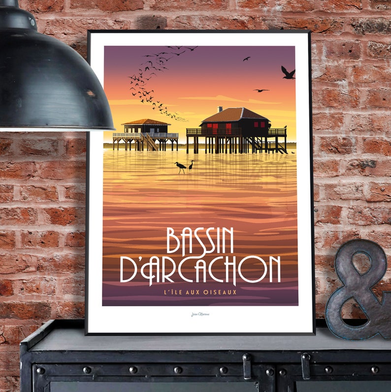 Affiche Bassin d'Arcachon / Poster vintage / Art mural / Art Print / Deco / Sunset / Paysage ocean oiseaux image 3