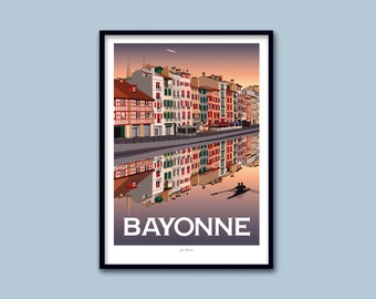 Affiche  Bayonne / Poster vintage / Art mural / Art print / Deco / Sunset / Pays Basque / travel poster