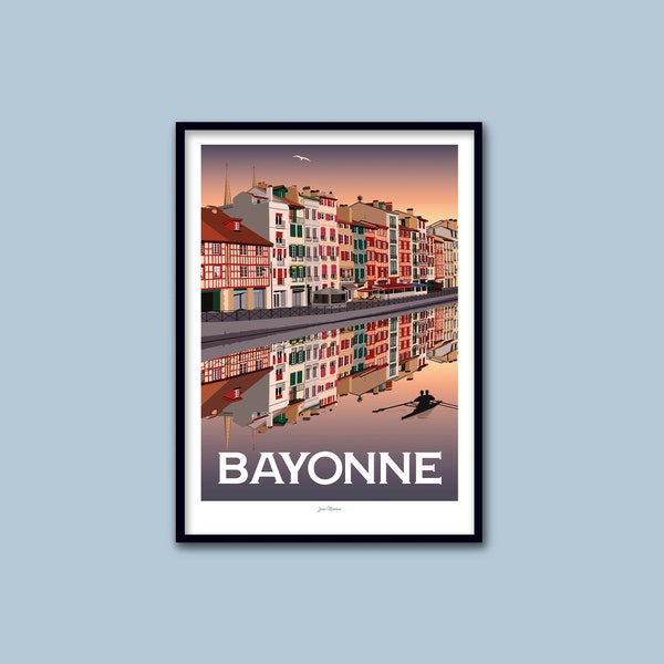 Affiche  Bayonne / Poster vintage / Art mural / Art print / Deco / Sunset / Pays Basque / travel poster