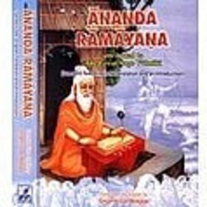 May include: A book titled "Valmiki Ramayana" with a picture of a man in orange robes sitting on a red cushion and holding a book.
