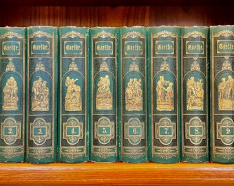 Antique Goethe’s Works (Werfe) German Bookset, 1875, 10 Volumes, Gilded Decorative Spine Design, Victorian Green & Gold Beautiful Set, Rare