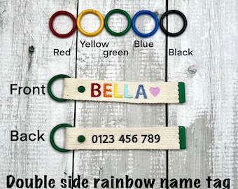 Etiqueta de nombre con bordado de arcoíris de doble cara