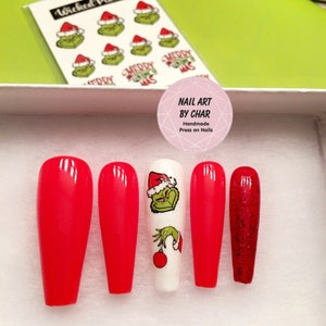 Christmas Red Grinch Inspired Holiday Theme Press On Nails! #230