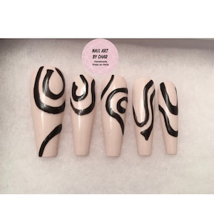 Off-White and Black Abstract Press On Nails #172
