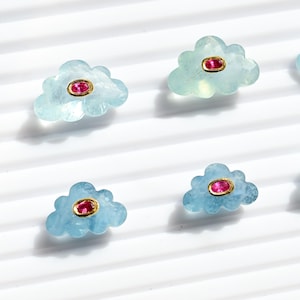 24K Solid Gold Aquamarine Cloud Cut Stone With Natural Ruby Inlay Setting | Natural Gemstone Pendant | Handmade Gemstone