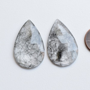 Pair Of Black Rutile Quartz Faceted Pear Shape 33x20x4 MM Natural Loose Gemstone | Rutile Quartz | Black Needles In Quartz | Cabochon Stone