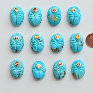 24K Solid Gold Turquoise Carved Scarab Beetle With Natural Multi Sapphire Inlay Setting Handmade Gemstone Pendant For Halloween | DIY
