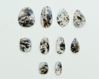 May include: A collection of ten polished dendritic agate gemstones in various shapes, including oval, teardrop, and rectangular. The stones feature a white base with black and brown fern-like inclusions.