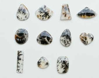May include: A collection of polished dendritic agate gemstones in various shapes, including teardrop, oval, and heart. The stones feature a white base with intricate black and brown fern-like patterns. The gemstones are displayed on a white surface.