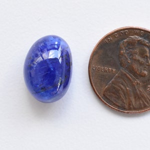 May include: A blue oval-shaped gemstone, approximately the size of a US penny.