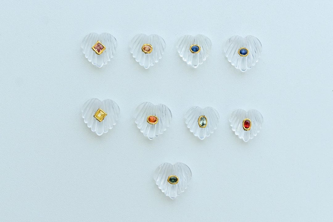 24K Solid Gold Crystal Quartz Carved Shell With Natural Multi Sapphire ...