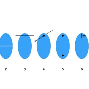 May include: Diagram showing seven different ways to measure the diameter of an oval. The oval is blue and the measurements are shown with black lines.