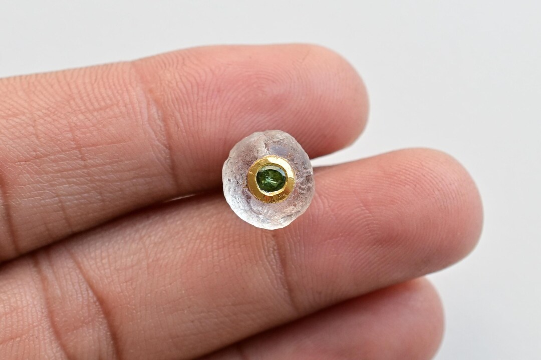 24K Solid Gold Textured Crystal Uneven Oval & Tourmaline Inlay Setting ...