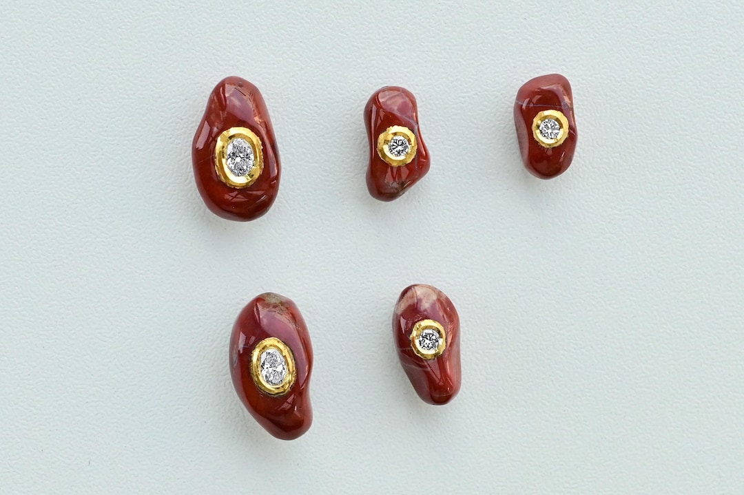 24K Solid Gold Red Jasper Uneven Nugget With Diamond Lab Grown Inlay ...