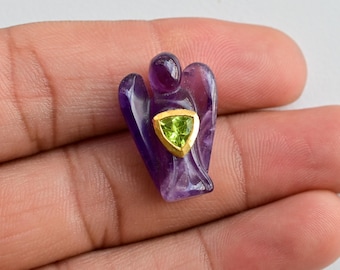 24K Solid Gold Amethyst Carved Angel with Natural Peridot Inlay Setting Handmade Gemstone Pendant For Halloween | 25x17x9 MM