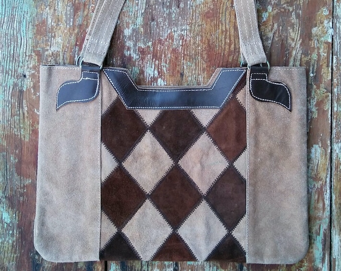 Vtg 1970s BeigeBrown Diamond Suede Purse Made in Mexico