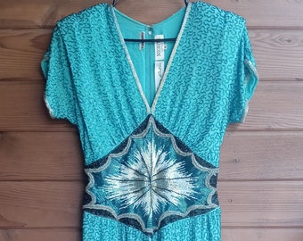 Vtg 1980s Turquoise Starburst Trophy Dress M/L