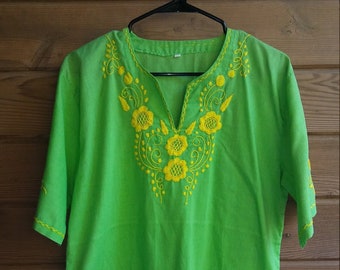 Mexican Bright Green and Yellow Flower Embroidered Peasant Top / Tunic L/XL