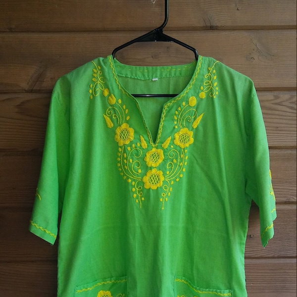 Mexican Bright Green and Yellow Flower Embroidered Peasant Top / Tunic L/XL