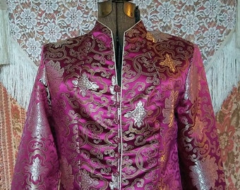 Vtg Asian Raspberry & Gold Embroidered Silk Jacket S/M