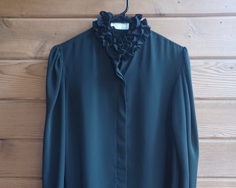 Vtg 1970s/80s Black Ruffle Neck Blouse, by Shapely M/L