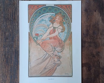 Vtg Alphonse Mucha Woman Admiring Flower Print