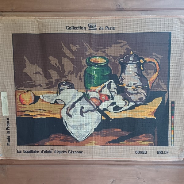 Vtg 1970s Cezanne Needlepoint Canvas, 1867 "La Bouilloire D'étain" Cezanne Still Life, SEG de Paris 60" x 80", Made in France