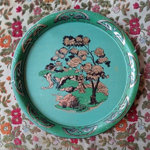 Vtg 1930s/40s Green Asian Pastoral Scene Round Tole Tray