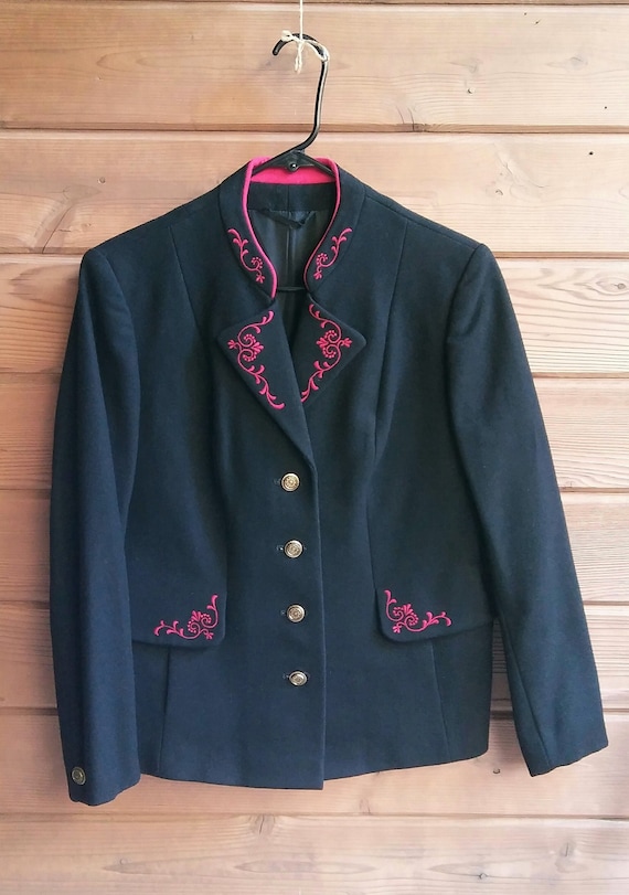 Vtg Black and Red Embroidered Swiss Wool Blazer by