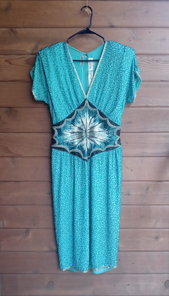 Vtg 1980s Turquoise Starburst Trophy Dress M/L